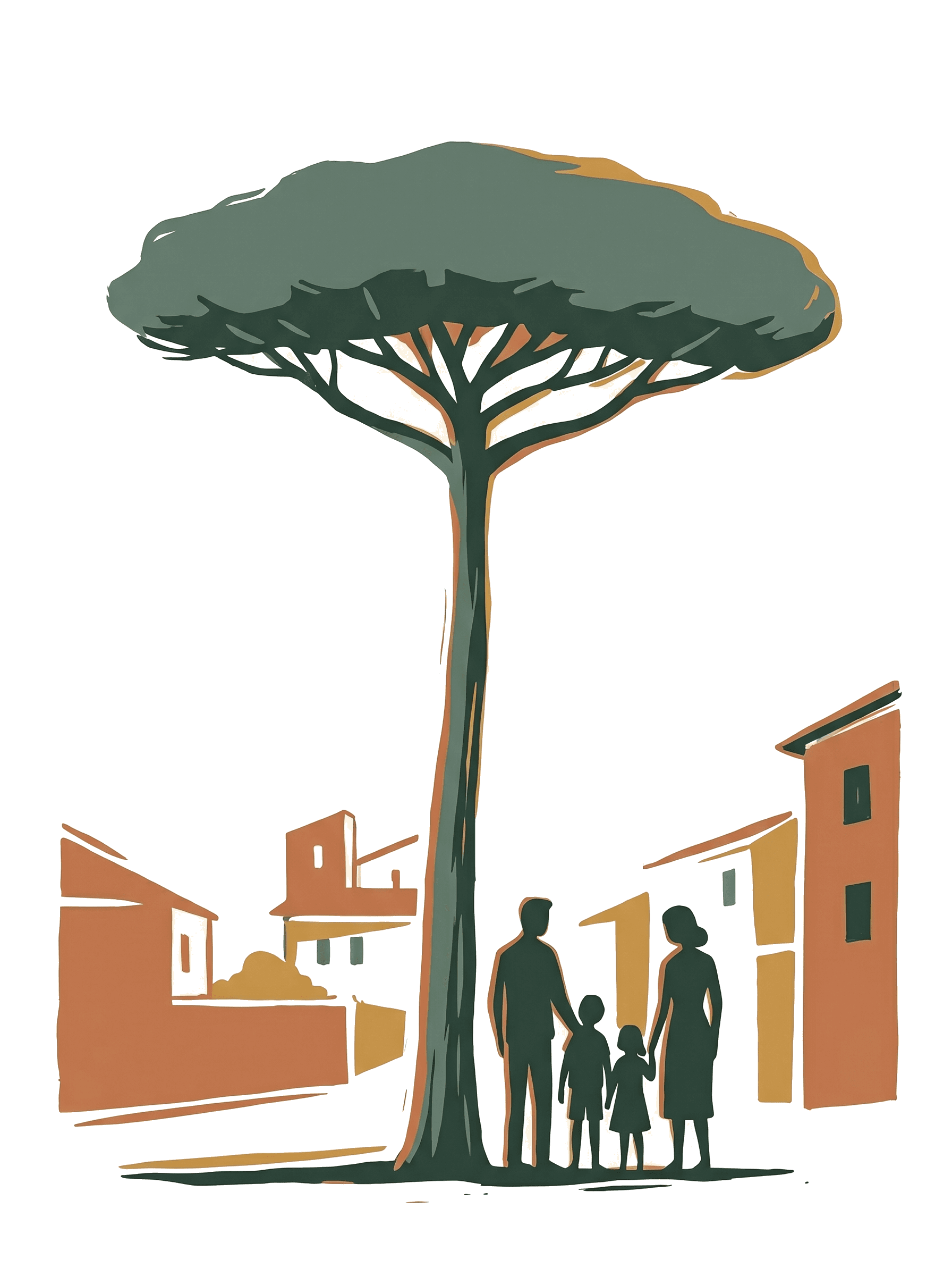 Famiglia sotto un pino parasols, Collina Fleming, illustrazione sérigrafica